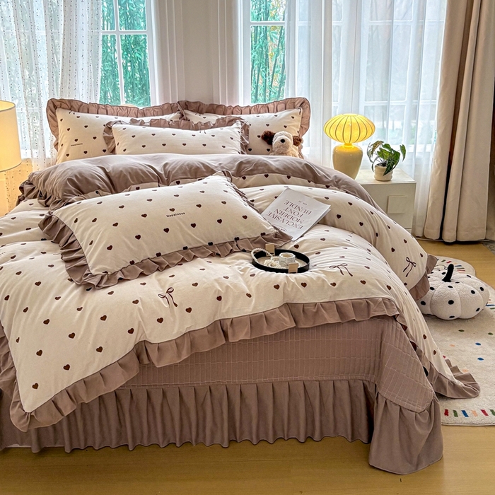 铠畅 2026春夏新款 锦朵系列韩版水洗棉小清新古棉床盖四件套 锦朵 甜咖结