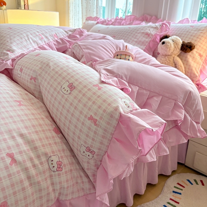 91家纺网 家纺一手货源 找家纺 铠畅 2026春夏新款 锦朵系列韩版水洗棉小清新古棉床盖四件套 锦朵 甜梦喵 粉