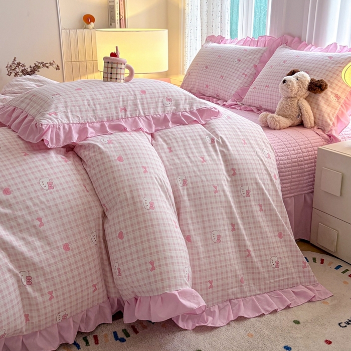 91家纺网 家纺一手货源 找家纺 铠畅 2026春夏新款 锦朵系列韩版水洗棉小清新古棉床盖四件套 锦朵 甜梦喵 粉