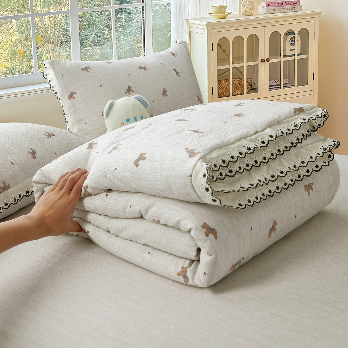 91家纺网 家纺一手货源 找家纺 （总）恋之语 2026新款爆款花边色织水洗棉夏被夏凉被空调被四件套