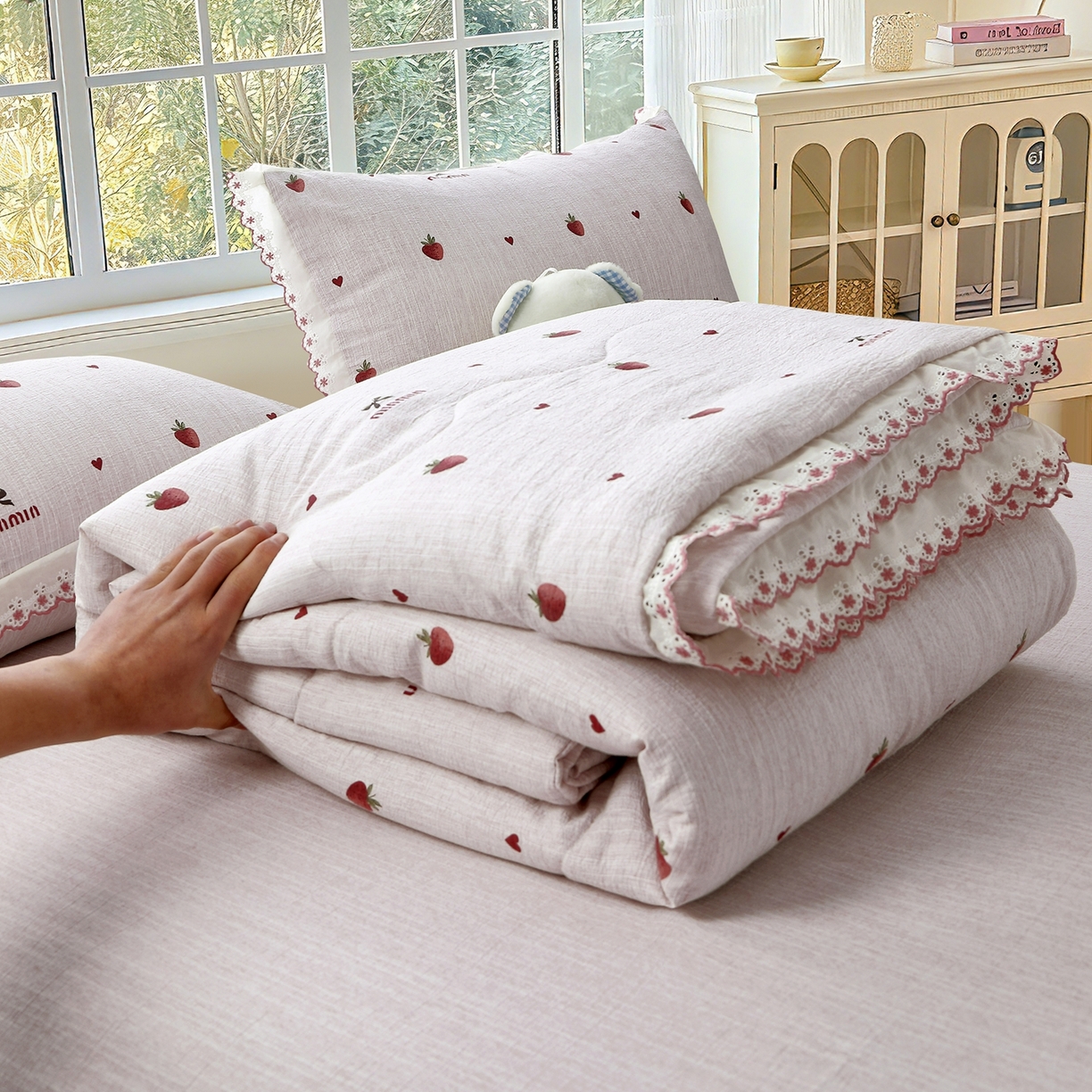 91家纺网 家纺一手货源 找家纺 （总）恋之语 2026新款爆款花边色织水洗棉夏被夏凉被空调被四件套