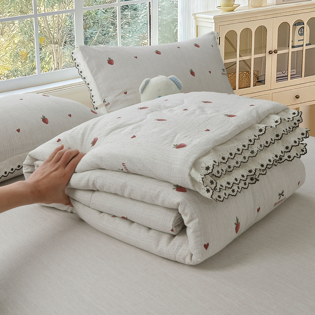 91家纺网 家纺一手货源 找家纺 （总）恋之语 2026新款爆款花边色织水洗棉夏被夏凉被空调被四件套