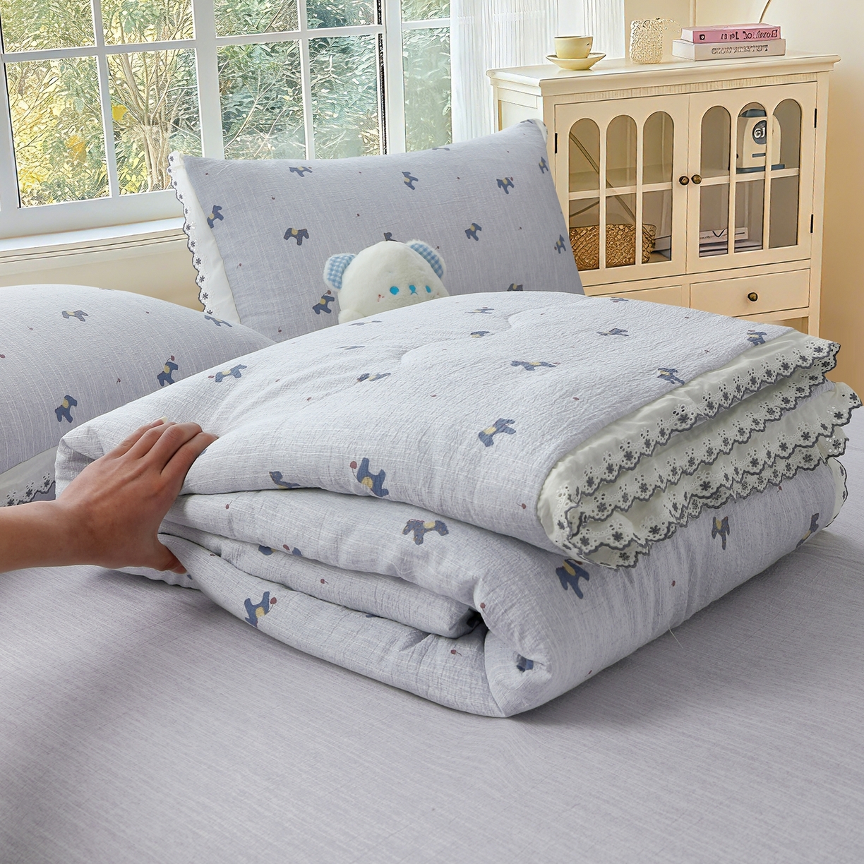 91家纺网 家纺一手货源 找家纺 （总）恋之语 2026新款爆款花边色织水洗棉夏被夏凉被空调被四件套