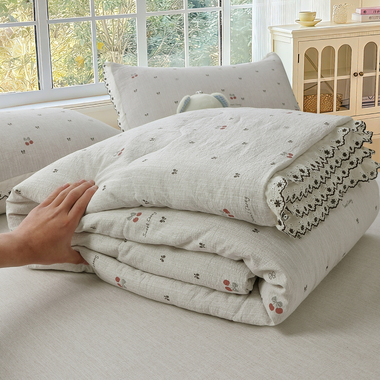 91家纺网 家纺一手货源 找家纺 （总）恋之语 2026新款爆款花边色织水洗棉夏被夏凉被空调被四件套