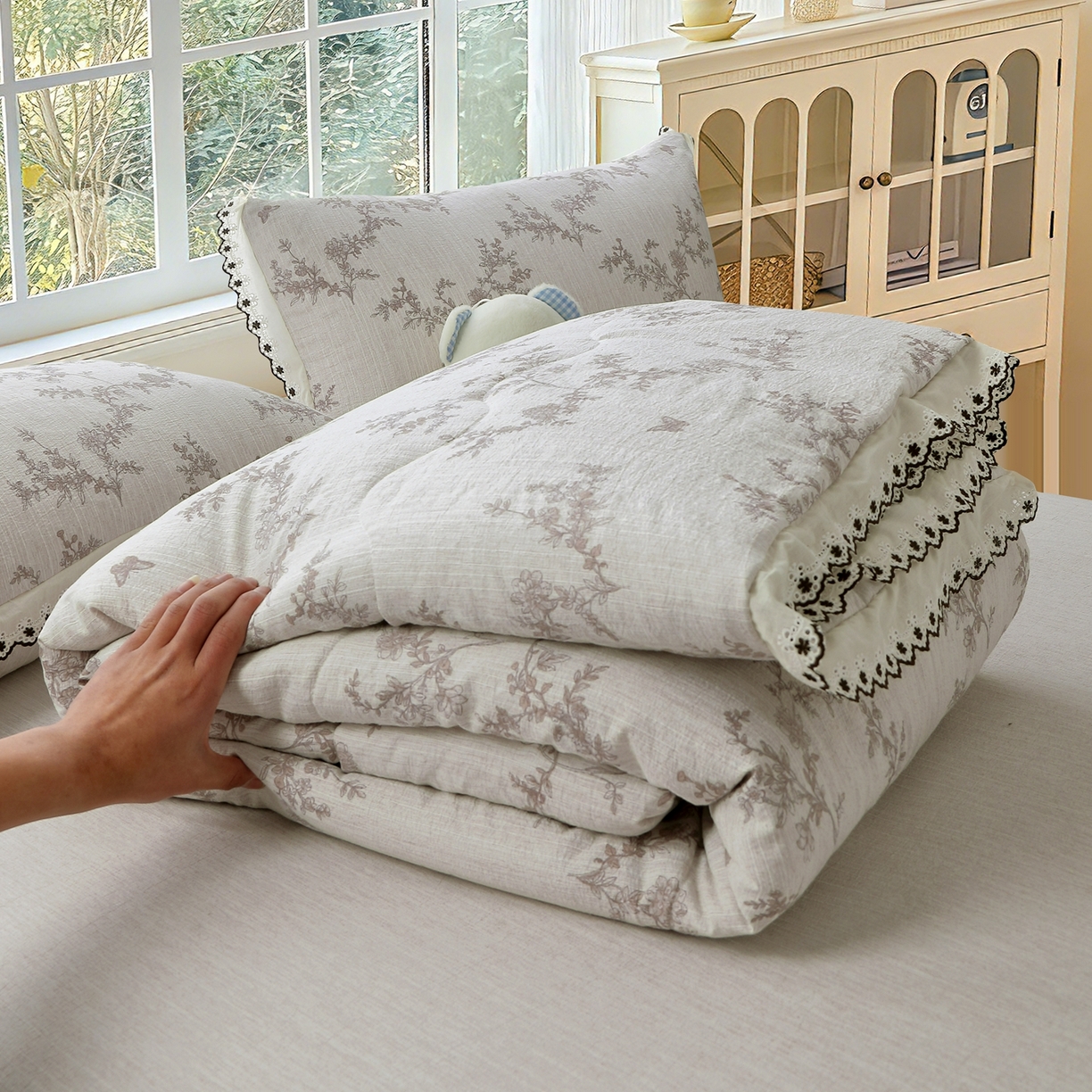 恋之语 2026新款爆款花边色织水洗棉夏被夏凉被空调被四件套 灰枝疏影