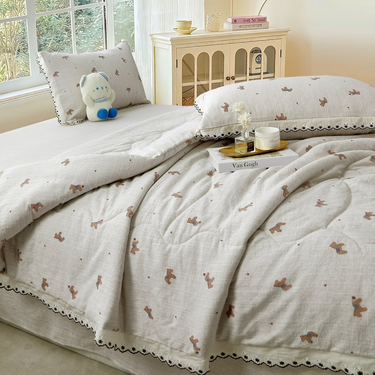 91家纺网 家纺一手货源 找家纺 恋之语 2026新款爆款花边色织水洗棉夏被夏凉被空调被四件套 浅棕汪汪