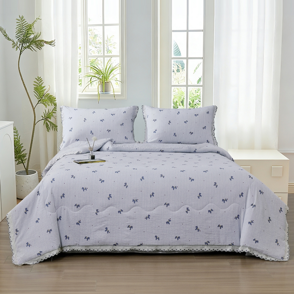 91家纺网 家纺一手货源 找家纺 恋之语 2026新款爆款花边色织水洗棉夏被夏凉被空调被四件套 浅蓝旺旺