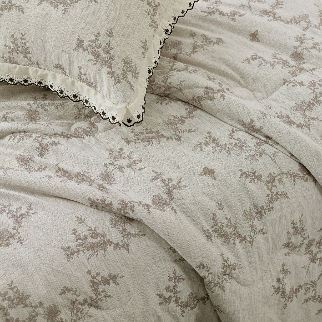 91家纺网 家纺一手货源 找家纺 恋之语 2026新款爆款花边色织水洗棉夏被夏凉被空调被四件套 灰枝疏影