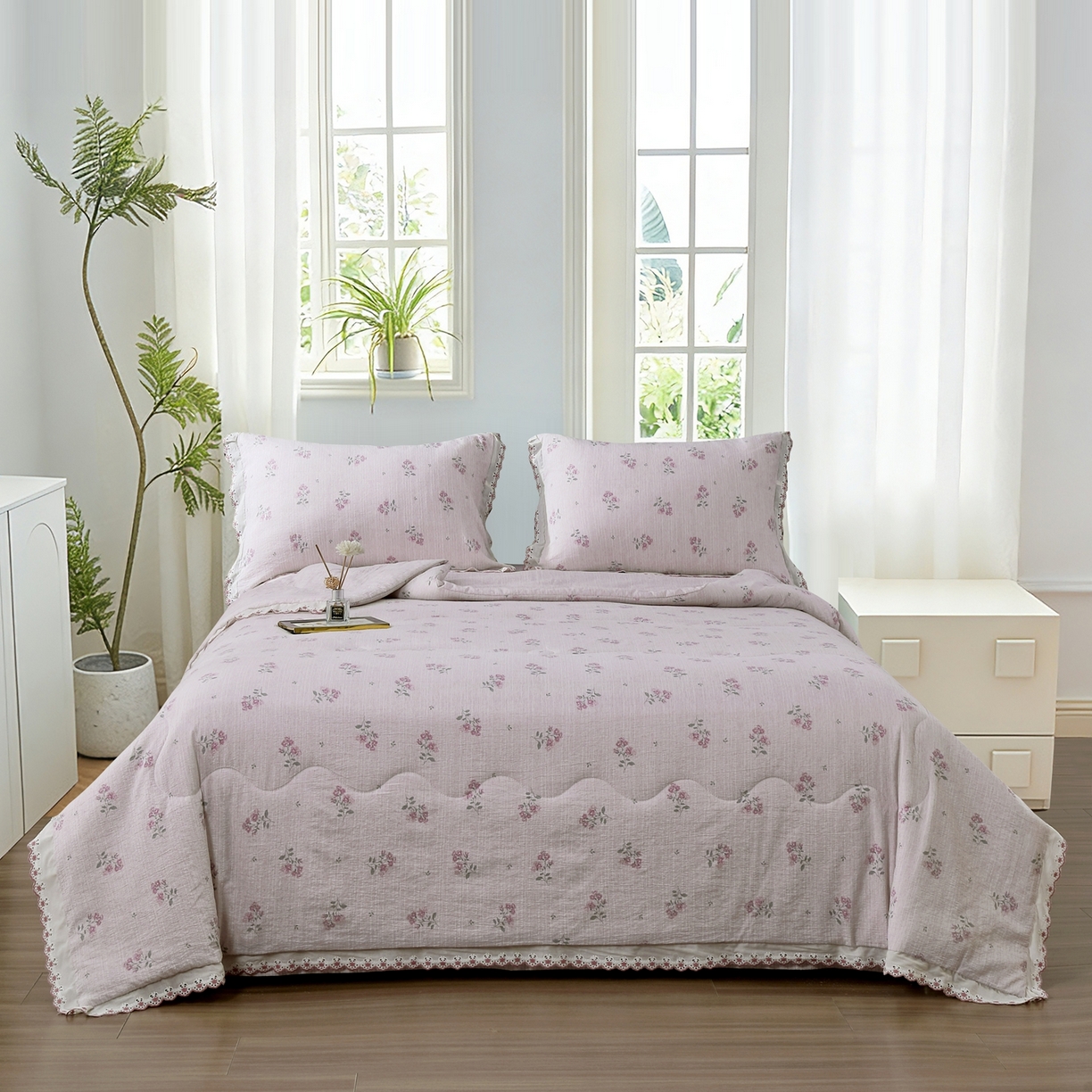 91家纺网 家纺一手货源 找家纺 恋之语 2026新款爆款花边色织水洗棉夏被夏凉被空调被四件套 粉雾小花