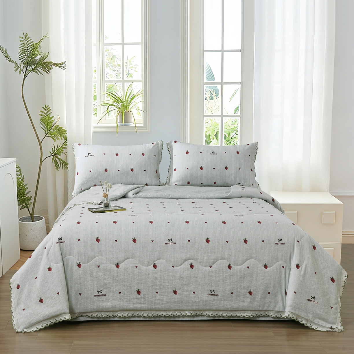 91家纺网 家纺一手货源 找家纺 恋之语 2026新款爆款花边色织水洗棉夏被夏凉被空调被四件套 草莓气泡