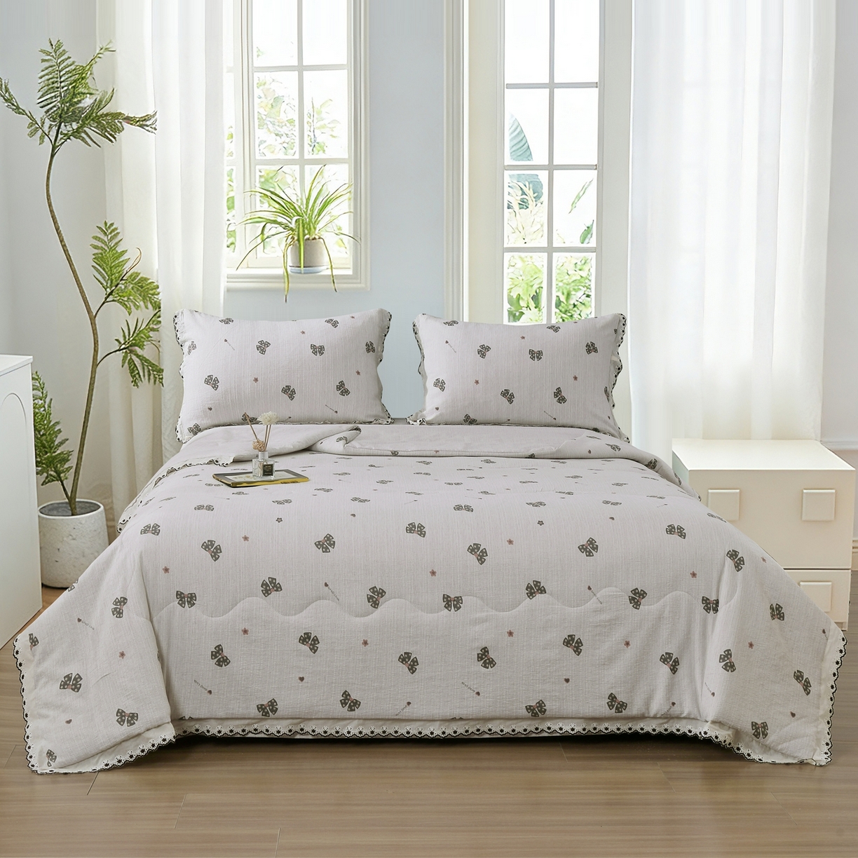 91家纺网 家纺一手货源 找家纺 恋之语 2026新款爆款花边色织水洗棉夏被夏凉被空调被四件套 墨蝶轻舞