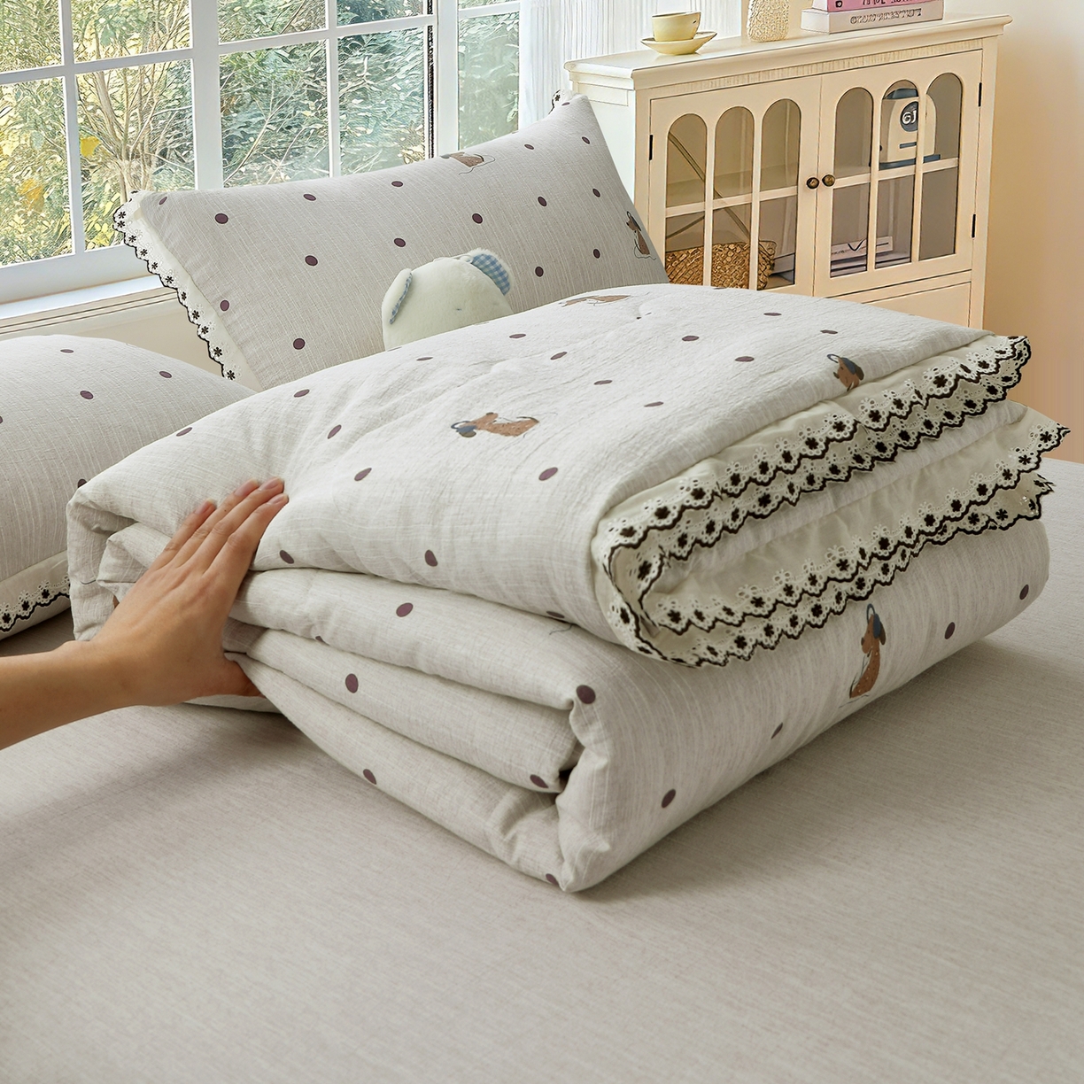 恋之语 2026新款爆款花边色织水洗棉夏被夏凉被空调被四件套 波点奶汪