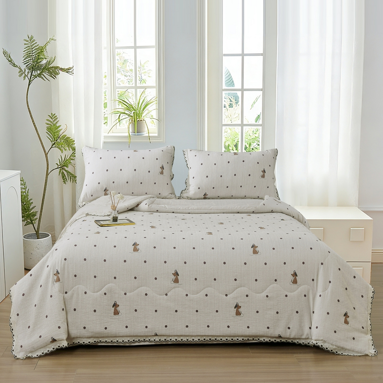 91家纺网 家纺一手货源 找家纺 恋之语 2026新款爆款花边色织水洗棉夏被夏凉被空调被四件套 波点奶汪