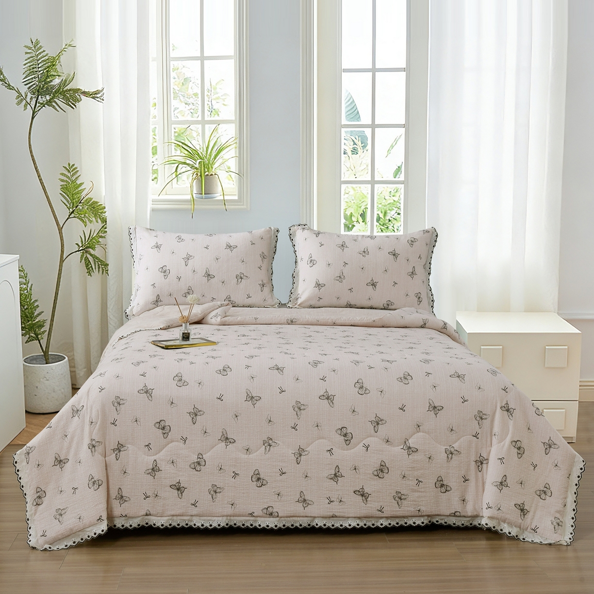 91家纺网 家纺一手货源 找家纺 恋之语 2026新款爆款花边色织水洗棉夏被夏凉被空调被四件套 浅棕蝶舞