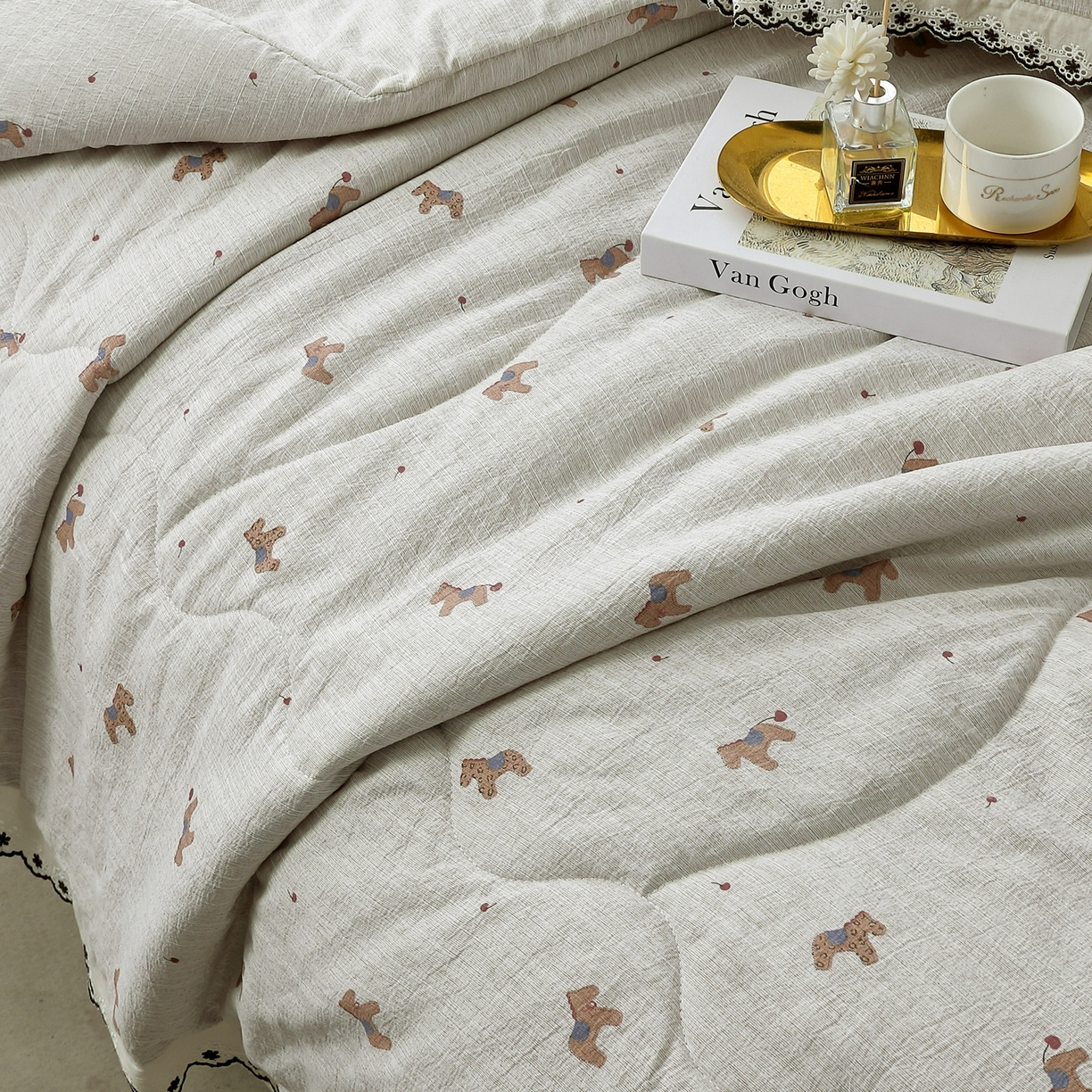 91家纺网 家纺一手货源 找家纺 恋之语 2026新款爆款花边色织水洗棉夏被夏凉被空调被四件套 浅棕汪汪