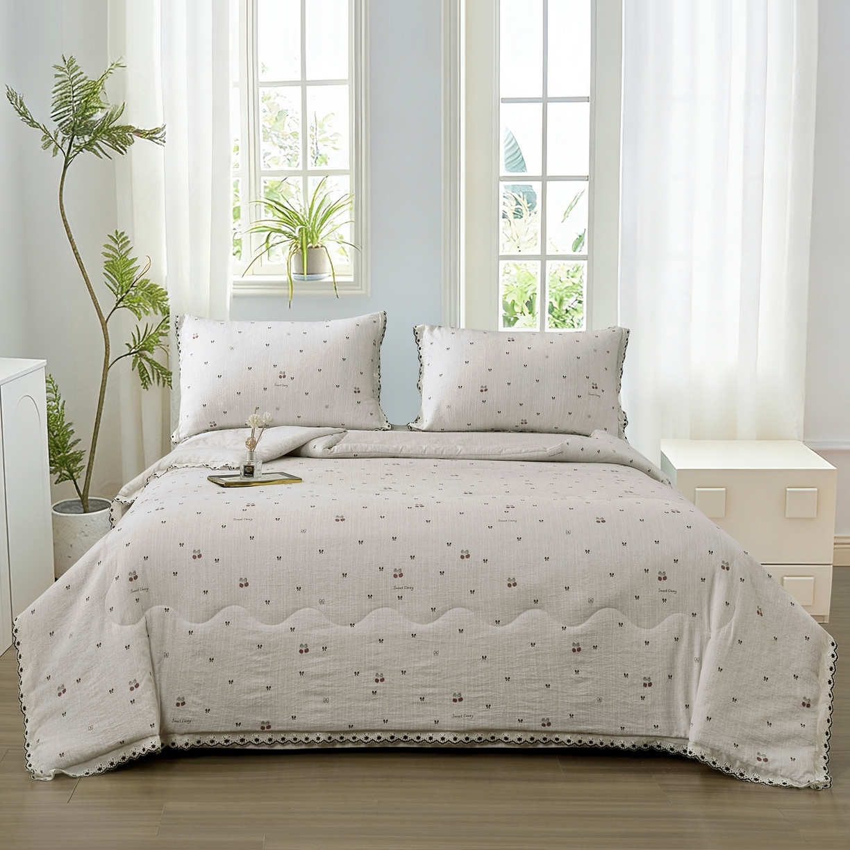 91家纺网 家纺一手货源 找家纺 恋之语 2026新款爆款花边色织水洗棉夏被夏凉被空调被四件套 樱桃