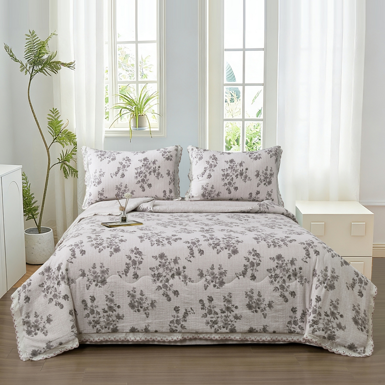 91家纺网 家纺一手货源 找家纺 恋之语 2026新款爆款花边色织水洗棉夏被夏凉被空调被四件套 灰枝漫舞