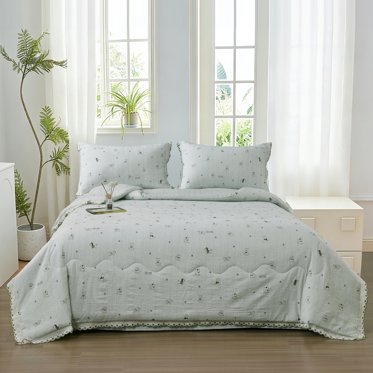 91家纺网 家纺一手货源 找家纺 恋之语 2026新款爆款花边色织水洗棉夏被夏凉被空调被四件套 浅蓝萌宠