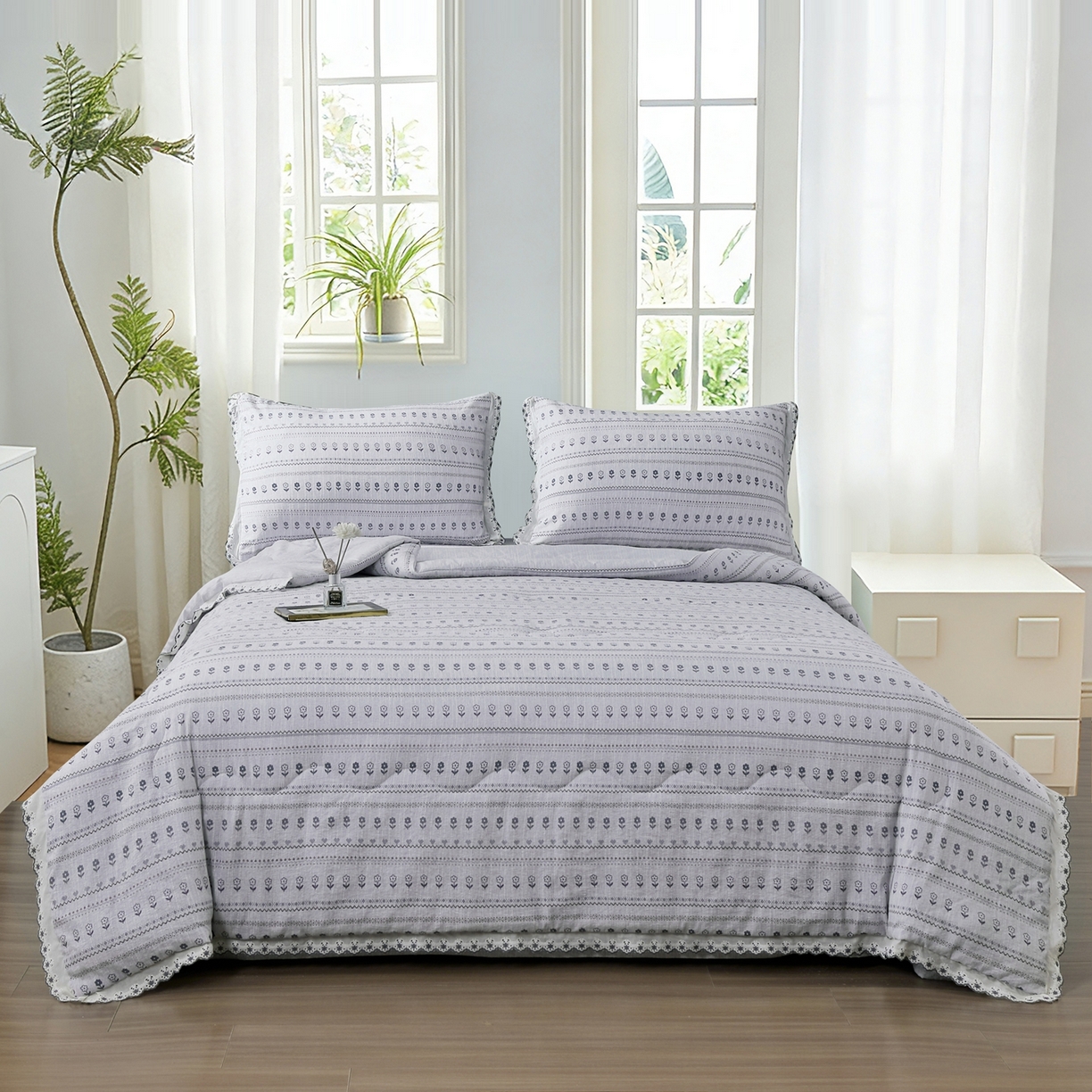 91家纺网 家纺一手货源 找家纺 恋之语 2026新款爆款花边色织水洗棉夏被夏凉被空调被四件套 灰调条纹