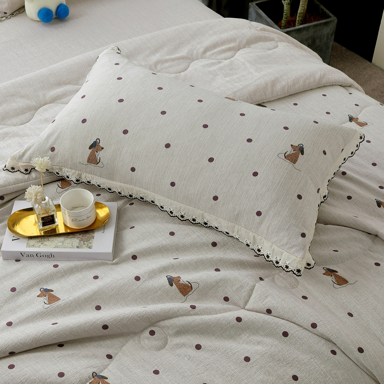 91家纺网 家纺一手货源 找家纺 恋之语 2026新款爆款花边色织水洗棉夏被夏凉被空调被四件套 波点奶汪