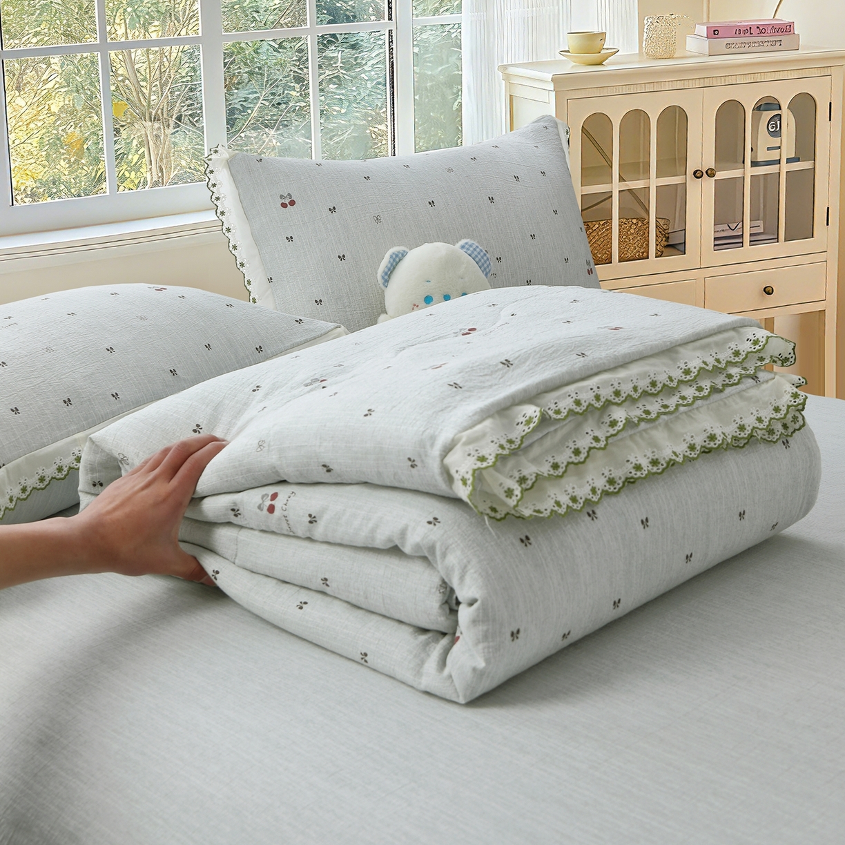 恋之语 2026新款爆款花边色织水洗棉夏被夏凉被空调被四件套 樱桃-蓝