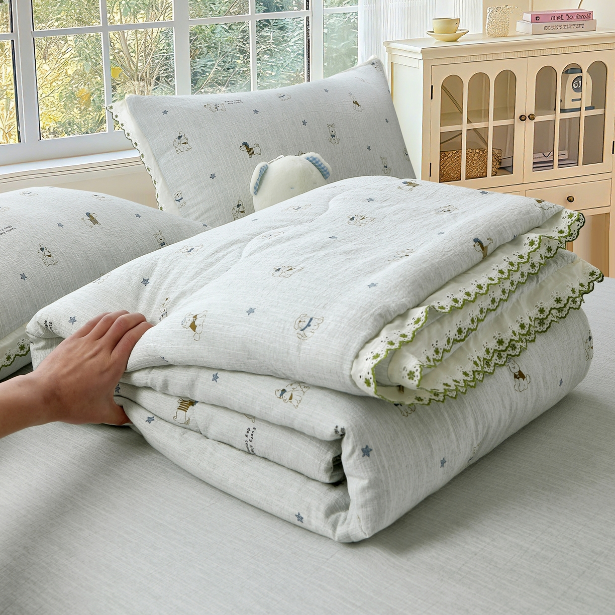 恋之语 2026新款爆款花边色织水洗棉夏被夏凉被空调被四件套 浅蓝萌宠