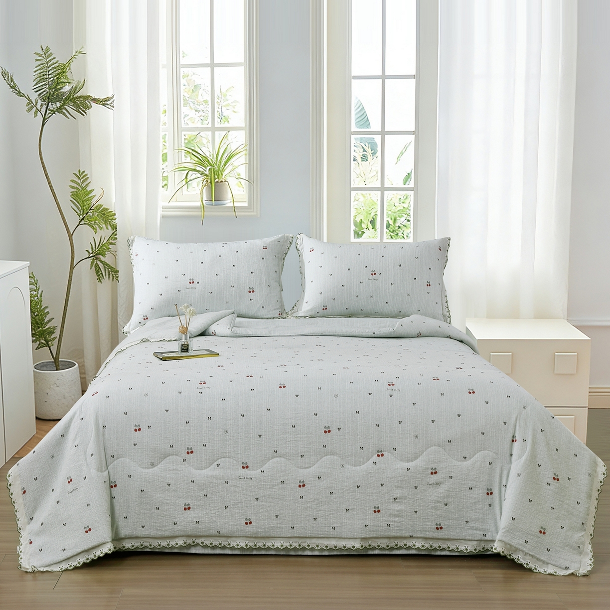 91家纺网 家纺一手货源 找家纺 恋之语 2026新款爆款花边色织水洗棉夏被夏凉被空调被四件套 樱桃-蓝