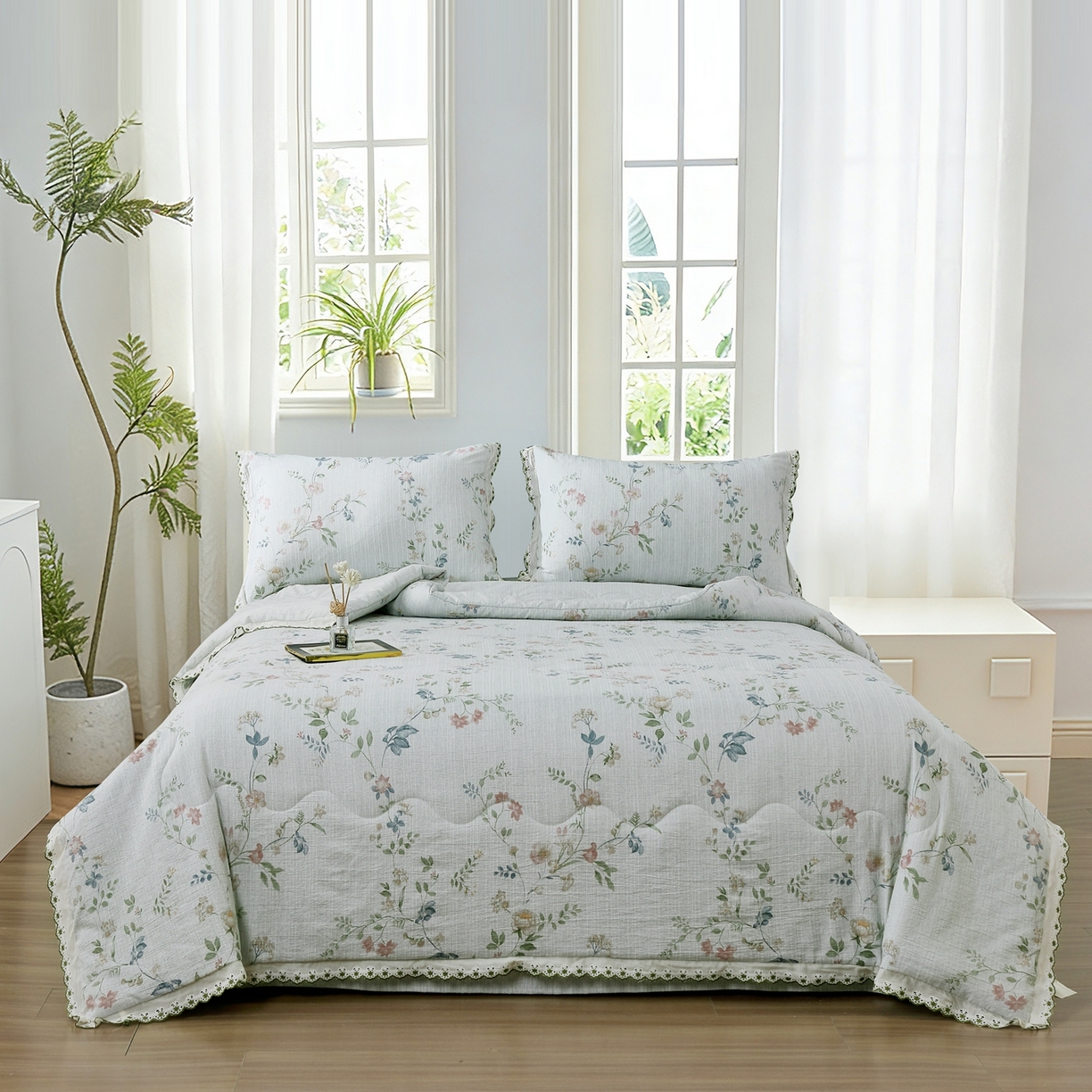 91家纺网 家纺一手货源 找家纺 恋之语 2026新款爆款花边色织水洗棉夏被夏凉被空调被四件套 春日花蔓