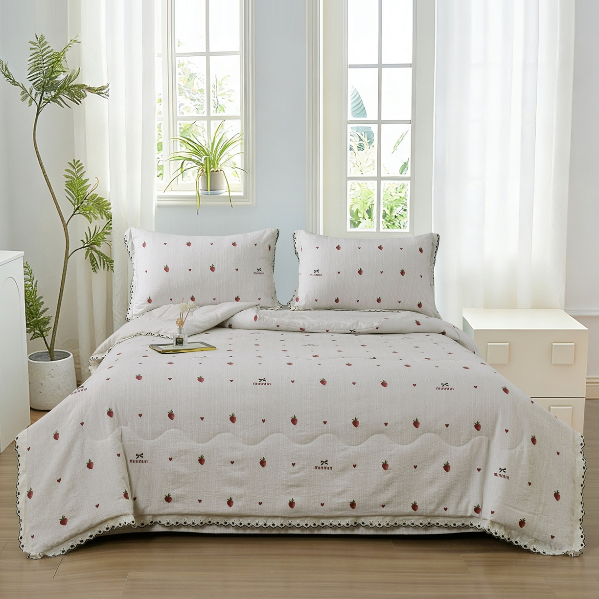 91家纺网 家纺一手货源 找家纺 恋之语 2026新款爆款花边色织水洗棉夏被夏凉被空调被四件套 草莓