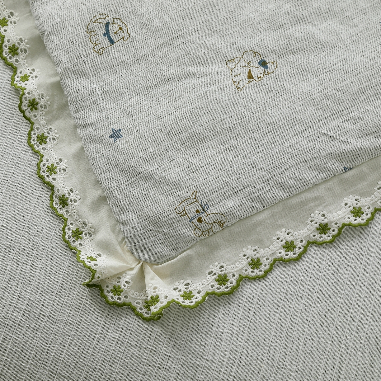 91家纺网 家纺一手货源 找家纺 恋之语 2026新款爆款花边色织水洗棉夏被夏凉被空调被四件套 浅蓝萌宠