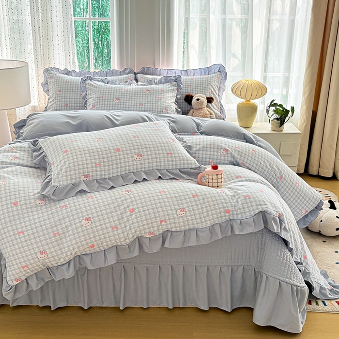铠畅 2026春夏新款 锦朵系列韩版水洗棉小清新古棉床盖四件套 锦朵 云格甜喵
