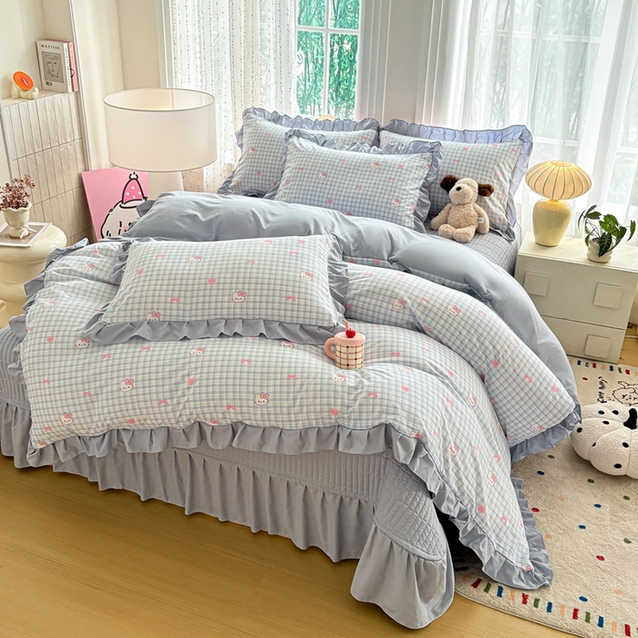 91家纺网 家纺一手货源 找家纺 铠畅 2026春夏新款 锦朵系列韩版水洗棉小清新古棉床盖四件套 锦朵 云格甜喵