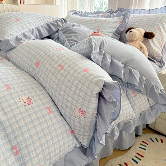 91家纺网 家纺一手货源 找家纺 铠畅 2026春夏新款 锦朵系列韩版水洗棉小清新古棉床盖四件套 锦朵 云格甜喵