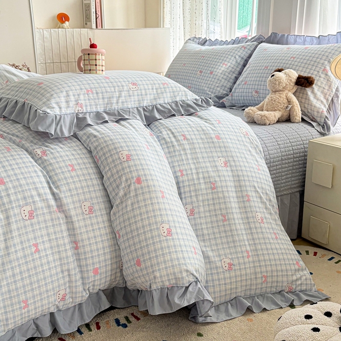 91家纺网 家纺一手货源 找家纺 铠畅 2026春夏新款 锦朵系列韩版水洗棉小清新古棉床盖四件套 锦朵 云格甜喵