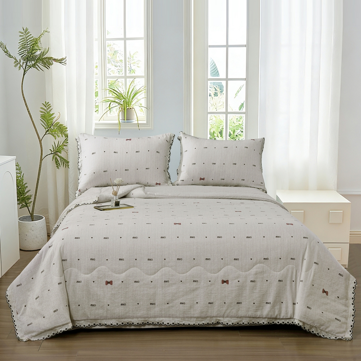 91家纺网 家纺一手货源 找家纺 恋之语 2026新款爆款花边色织水洗棉夏被夏凉被空调被四件套 粉色领结