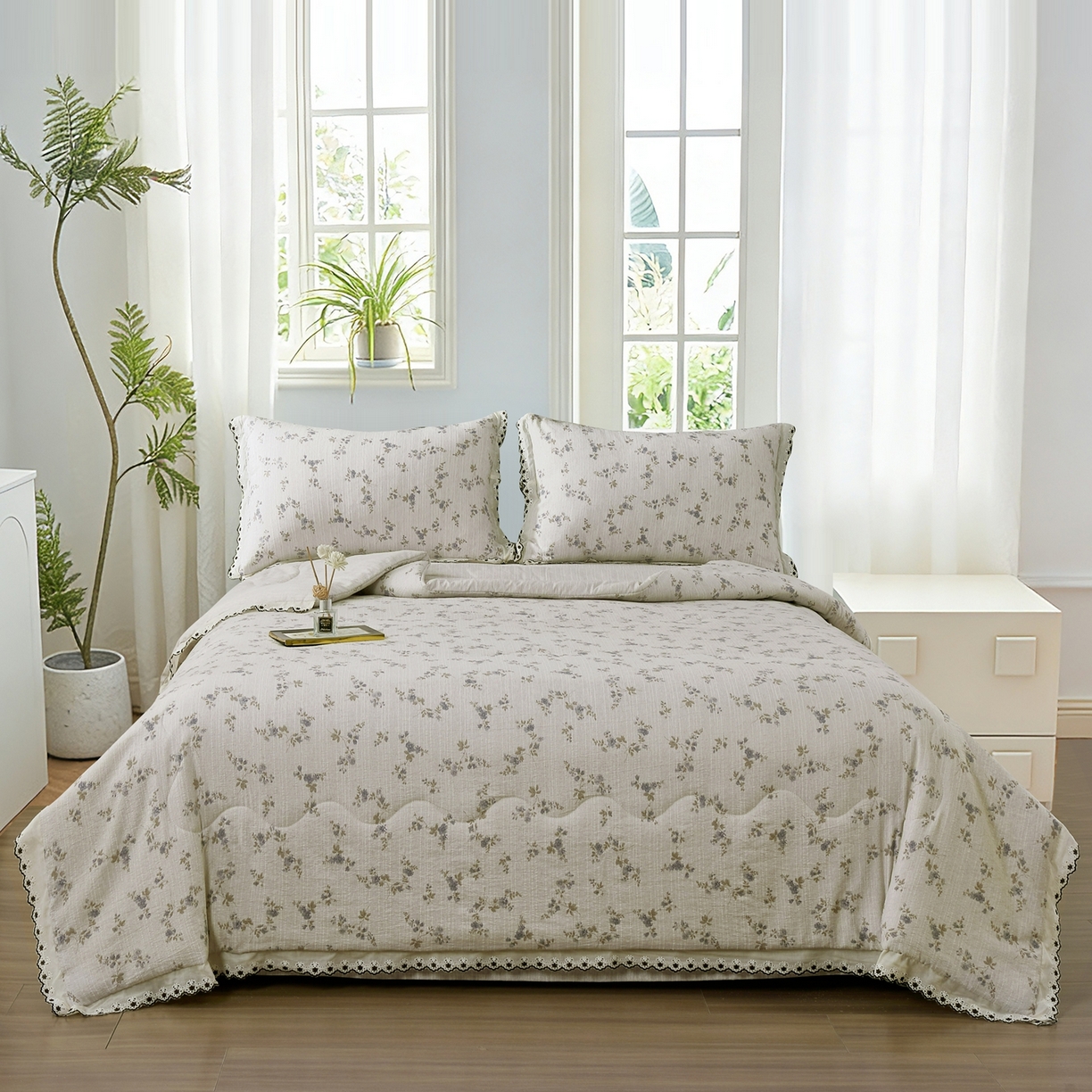 91家纺网 家纺一手货源 找家纺 恋之语 2026新款爆款花边色织水洗棉夏被夏凉被空调被四件套 紫雾繁花