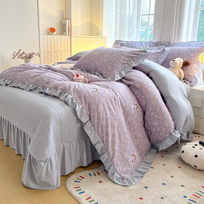 91家纺网 家纺一手货源 找家纺 铠畅 2026春夏新款 锦朵系列韩版水洗棉小清新古棉床盖四件套 锦朵 紫莓小兔