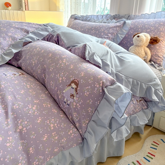 91家纺网 家纺一手货源 找家纺 铠畅 2026春夏新款 锦朵系列韩版水洗棉小清新古棉床盖四件套 锦朵 紫莓小兔