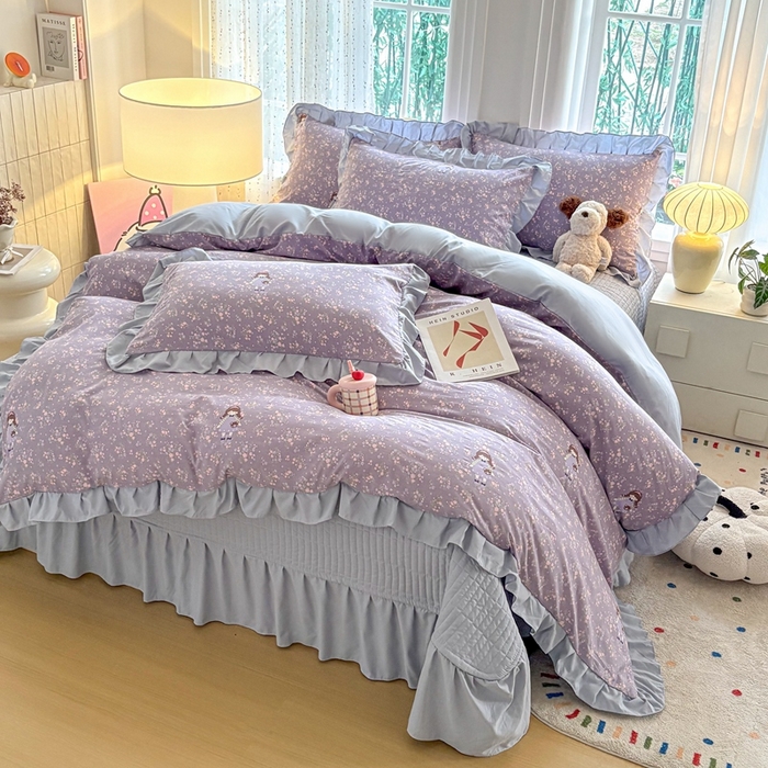 91家纺网 家纺一手货源 找家纺 铠畅 2026春夏新款 锦朵系列韩版水洗棉小清新古棉床盖四件套 锦朵 紫莓小兔