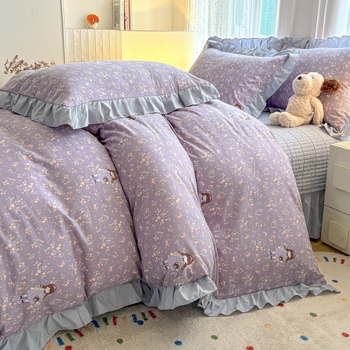 91家纺网 家纺一手货源 找家纺 铠畅 2026春夏新款 锦朵系列韩版水洗棉小清新古棉床盖四件套 锦朵 紫莓小兔