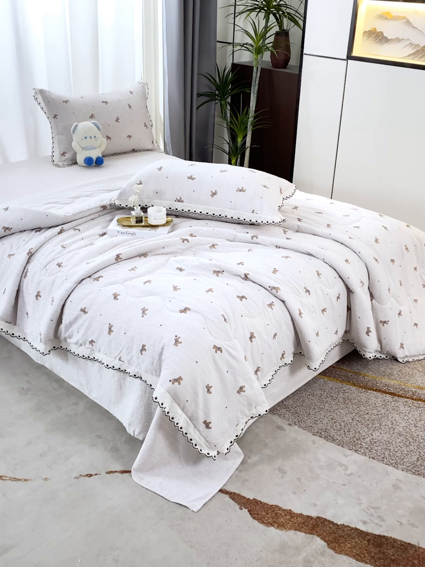 91家纺网 家纺一手货源 找家纺 恋之语 2026新款爆款花边色织水洗棉夏被夏凉被空调被四件套 浅棕汪汪