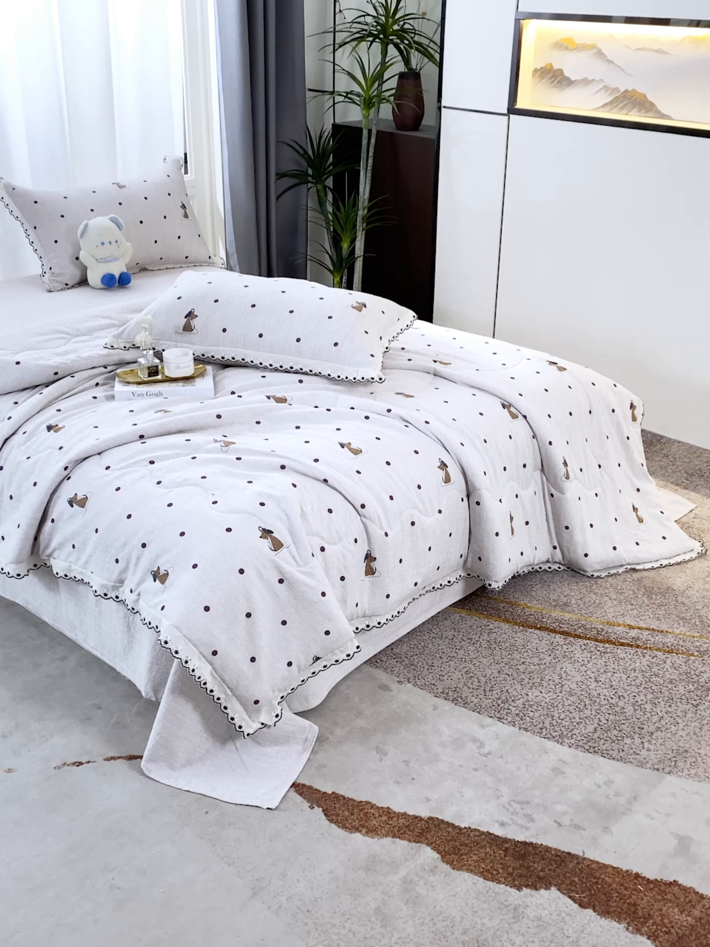 91家纺网 家纺一手货源 找家纺 恋之语 2026新款爆款花边色织水洗棉夏被夏凉被空调被四件套 波点奶汪