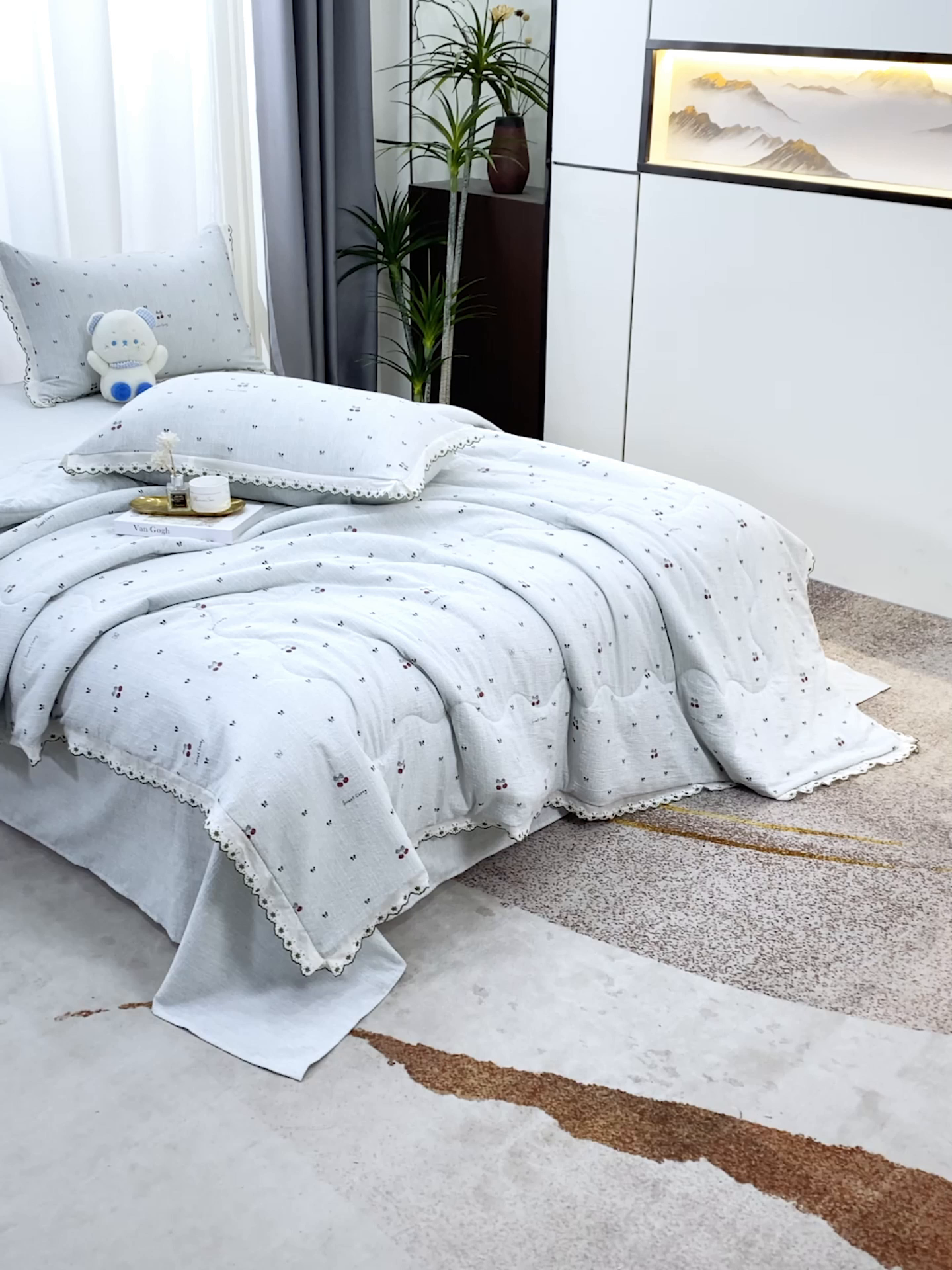 91家纺网 家纺一手货源 找家纺 恋之语 2026新款爆款花边色织水洗棉夏被夏凉被空调被四件套 樱桃-蓝