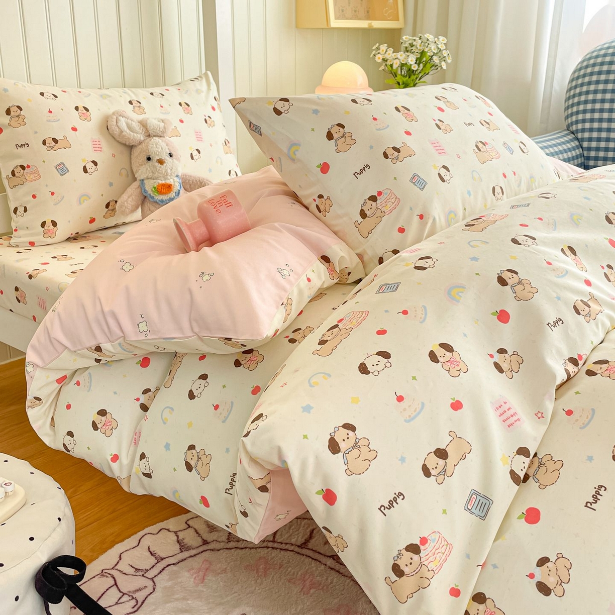 91家纺网 家纺一手货源 找家纺 女子家纺 2026新款春夏13070印花床笠单品床笠床笠单件 奶酪小狗