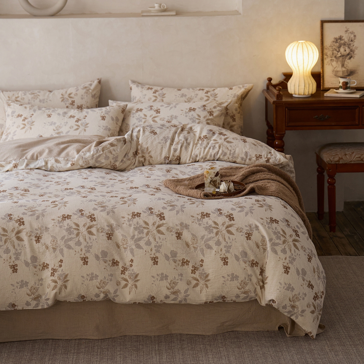 91家纺网 家纺一手货源 找家纺 千朵森 2026新款复古全棉棉麻碎花四件套 花间小憩