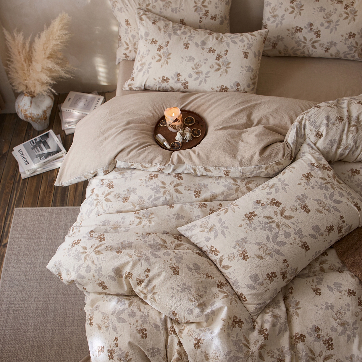 91家纺网 家纺一手货源 找家纺 千朵森 2026新款复古全棉棉麻碎花四件套 花间小憩