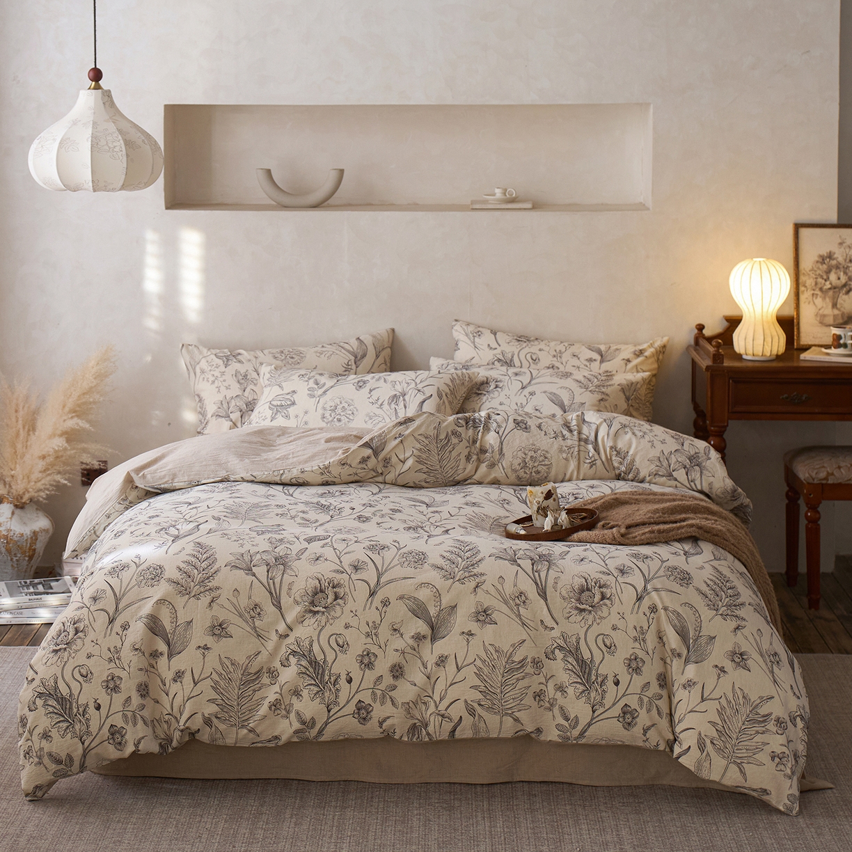 91家纺网 家纺一手货源 找家纺 千朵森 2026新款复古全棉棉麻碎花四件套 素栖花影