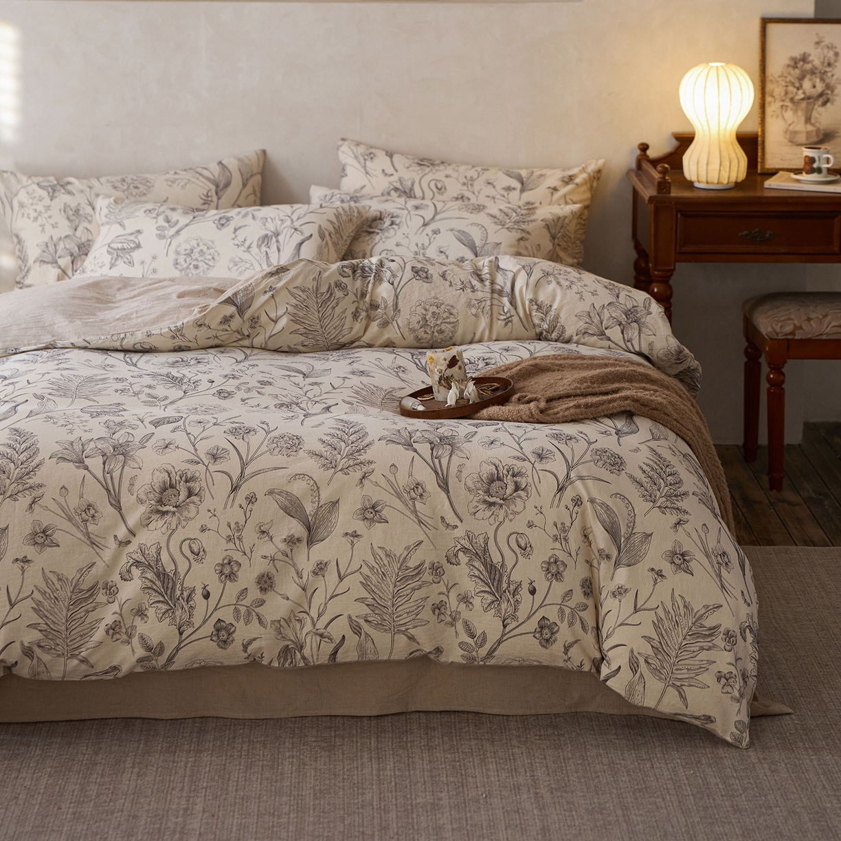 91家纺网 家纺一手货源 找家纺 千朵森 2026新款复古全棉棉麻碎花四件套 素栖花影