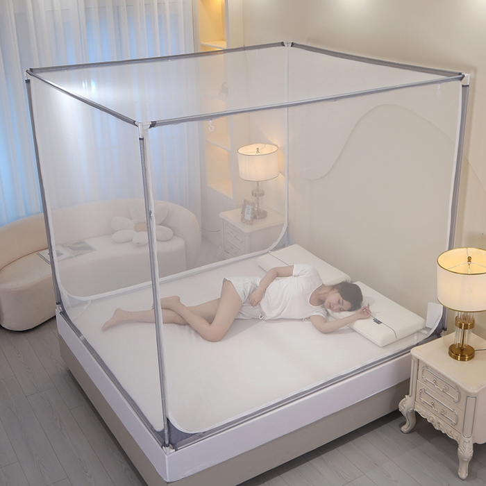 豪梦园蚊帐工厂店 2026新款家用方顶坐床支架印花蚊帐 灰色边-双开门