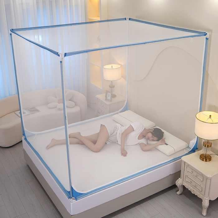 豪梦园蚊帐工厂店 2026新款家用方顶坐床支架印花蚊帐 蓝色边-双开门